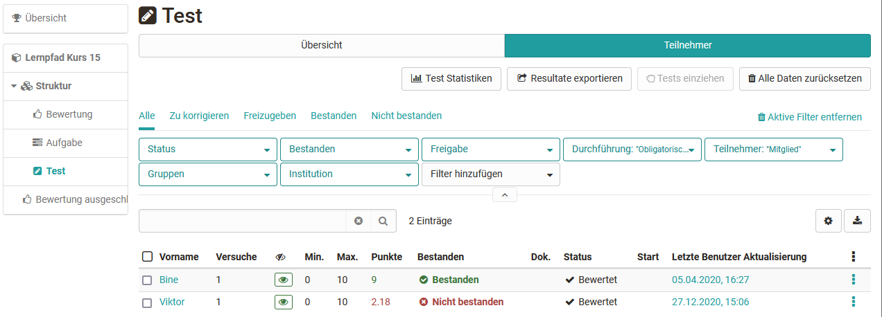 Tests im Bewertungswerkzeug