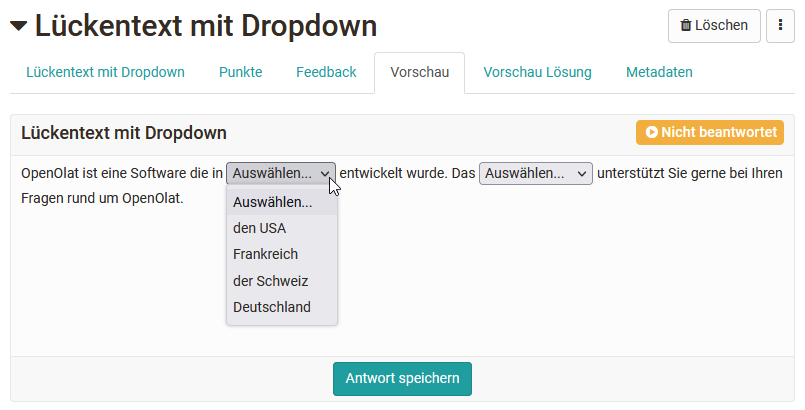 Dropdown Lückentext Beispiel