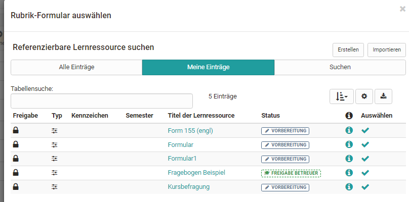 Rubrik-Formular Auswahldialog