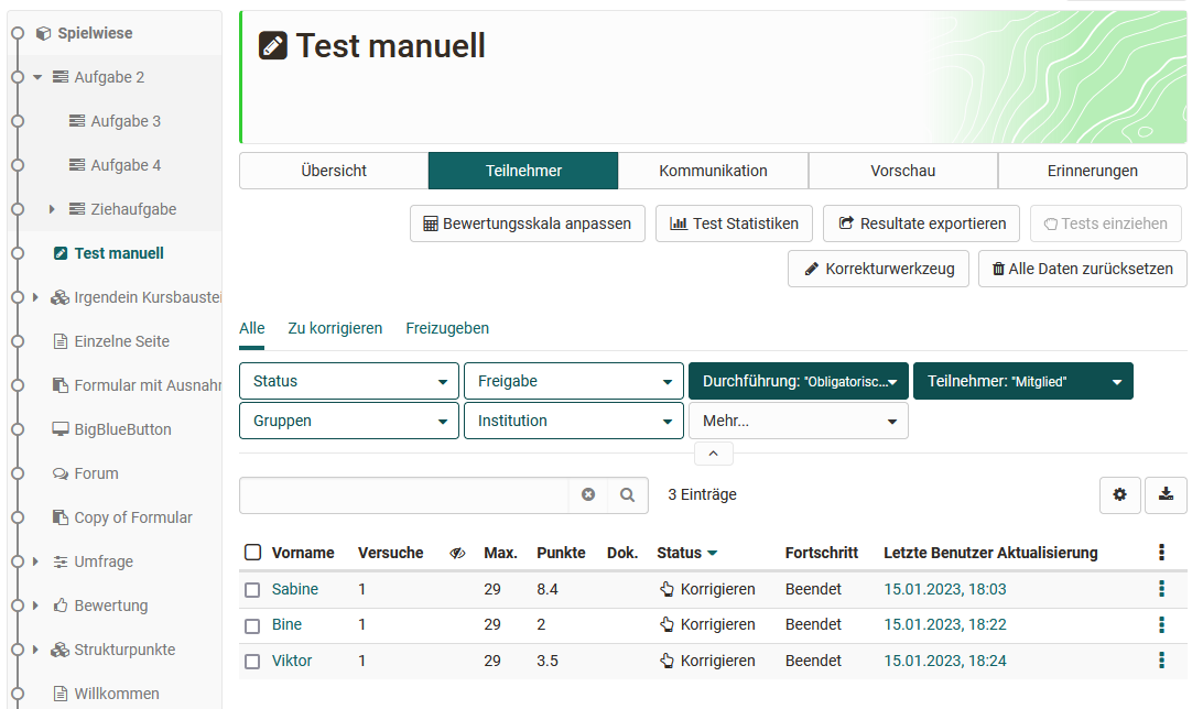 Test Übersicht für Betreuer