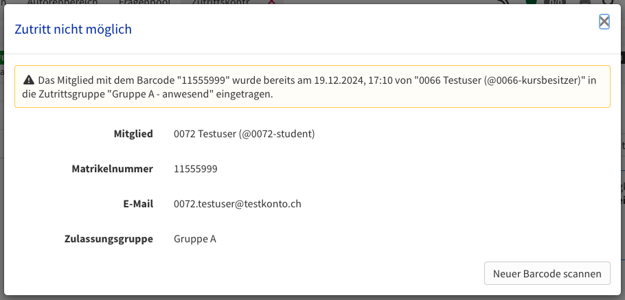 Warnung: Zutritt nicht möglich (gelb)
