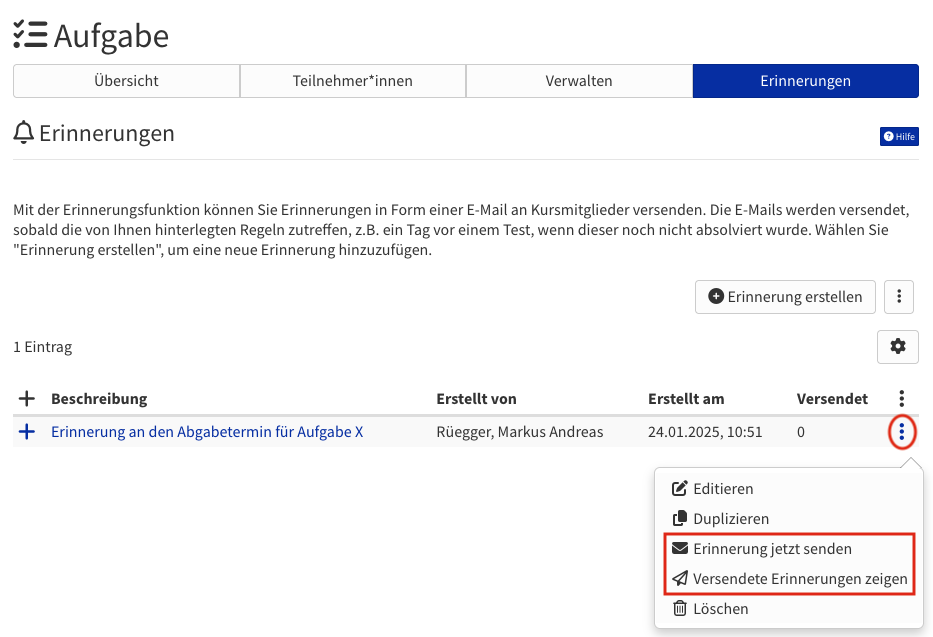 Versendete Erinnerungen verwalten