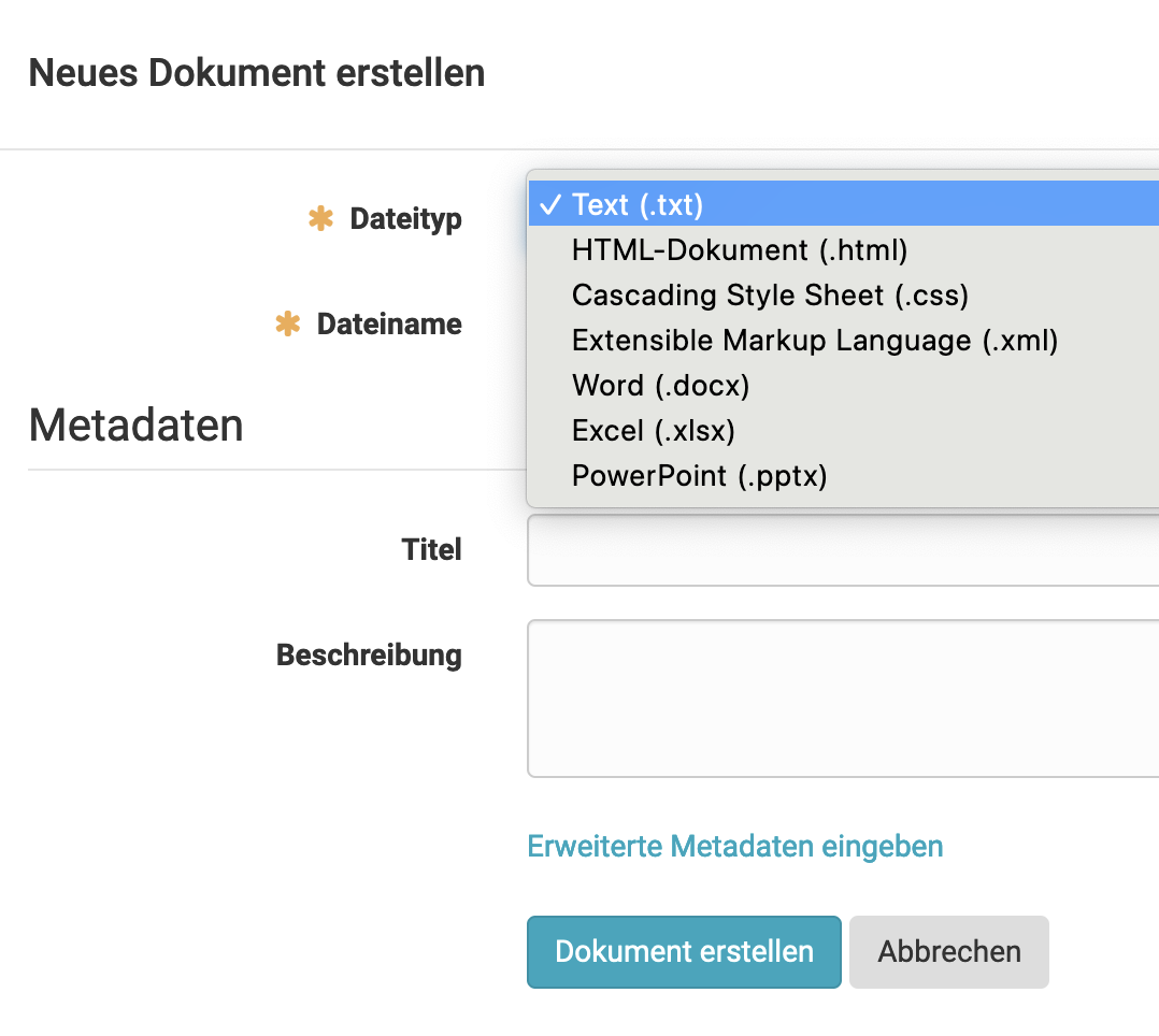 Neues Dokument erstellen in den Kursbausteinen Ordner und Teilnehmer*innen-Ordner