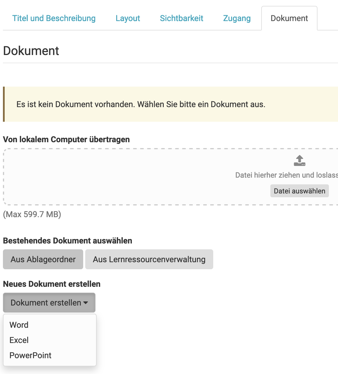 Create new document in the course element Document